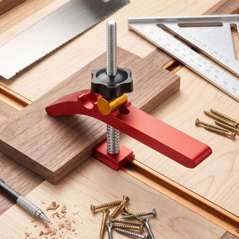 Heavy Duty Adjustable T Track Clamp With Micro Fine Tuning For Woodworking, red clamp securing wood on workbench.