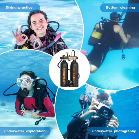 Divers using Twin 1.9L Scuba Tank Kit, 3.8L Portable Back-Mounted Dive Cylinder With S700MAX Regulator for shallow water dives.