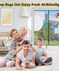 Family in living room with Magnetic Screen Door For 60x80 Inch Openings Fits 62x81 Inch Mesh Keeps Bugs Out With Hands Free Magnetic Closure.
