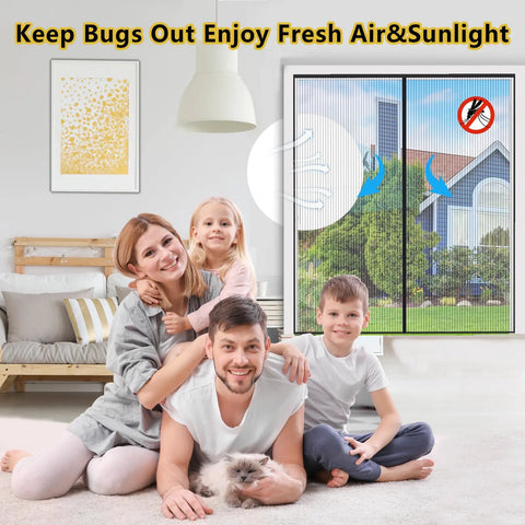 Family in living room with Magnetic Screen Door For 60x80 Inch Openings Fits 62x81 Inch Mesh Keeps Bugs Out With Hands Free Magnetic Closure.