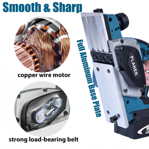 Close-up view of Heavy Duty Cordless Electric Hand Planer, 850W Brushless Wood Plane, showcasing copper motor and aluminum base.