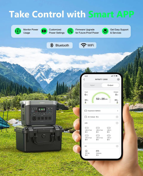 Infinity 2000 Pro Portable Power Station 2048Wh LiFePO4 Battery with smart app interface displayed outdoors