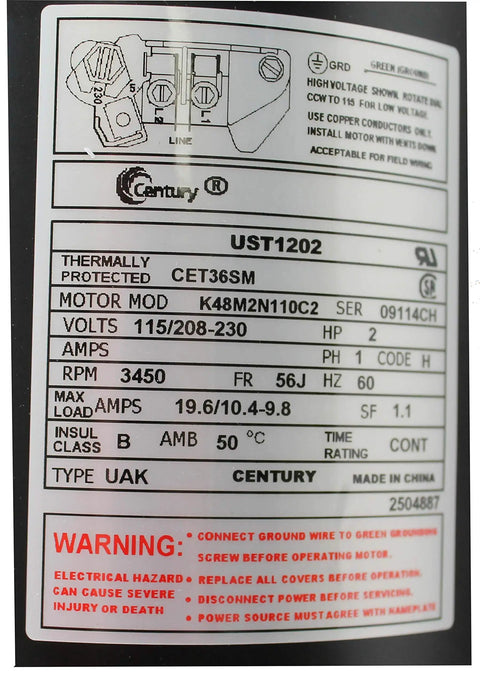 Label of Beefed Up 2 Horsepower Round Flange Pool Pump Replacement Motor For Swimming Pools specs and warnings