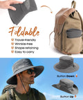Folded Men's Bucket Sun Hat With UPF Protection shown in backpack pocket, highlighting packability and breathability.