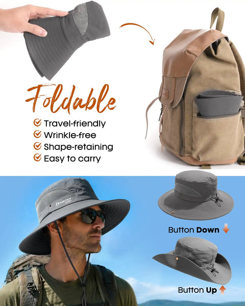 Folded Men's Bucket Sun Hat With UPF Protection shown in backpack pocket, highlighting packability and breathability.
