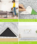 Installation steps of 8 Pack Non Slip Rug Tape for Hardwood Floors, Anti Curling Rug Grippers on a living room carpet and hardwood floor.