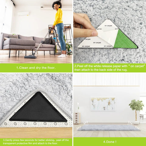 Installation steps of 8 Pack Non Slip Rug Tape for Hardwood Floors, Anti Curling Rug Grippers on a living room carpet and hardwood floor.