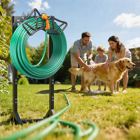Heavy Duty Freestanding Hose Reel With Two Tool Hooks Rustproof Outdoor Hose Holder For 160 Foot Hoses in yard scene