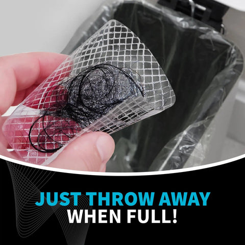 Person holding a used disposable drain hair catcher mesh strainer sticker above a trash can, demonstrating easy disposal.