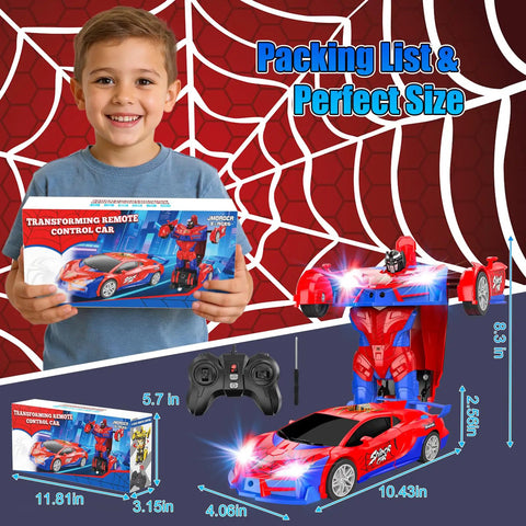 Child holding Spider Transform Remote Control Car For Boys 2-In-1 Car And Robot, 2.4GHz RC, with packaging and controller nearby