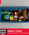 Top view of 31 Gallon Storage Totes 8 Pack Built Like A Tank Heavy Duty Stackable Bins With Snap On Lids And Easy Grip Handles Eco Friendly Utility Tubs Made In USA Garage Organizing Gear Storage Navy filled with gardening supplies.