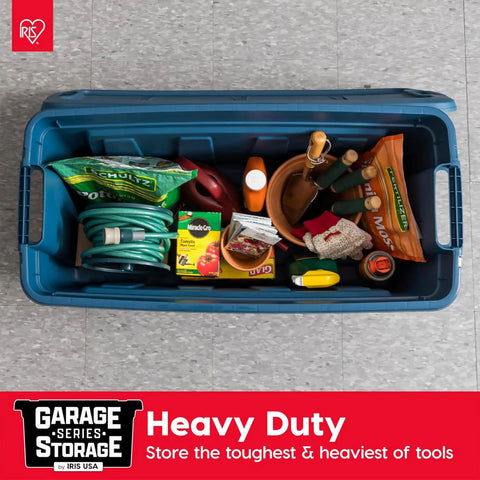 Top view of 31 Gallon Storage Totes 8 Pack Built Like A Tank Heavy Duty Stackable Bins With Snap On Lids And Easy Grip Handles Eco Friendly Utility Tubs Made In USA Garage Organizing Gear Storage Navy filled with gardening supplies.