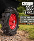 Close-up of Heavy Duty Dual Wheel Workhorse Wheelbarrow Garden Cart With 500 Lb Capacity Extra Large Wheels Built In Stand