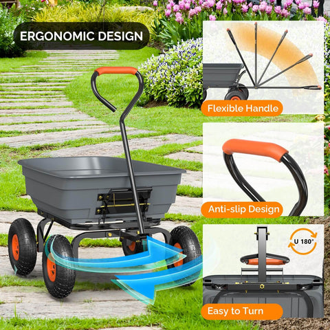 Heavy Duty Dump Cart Wagon With Quick Release Dump, All Terrain 10 Inch Tires, ergonomic handle design, garden path use