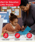 Child and adult working on an educational project with art supplies at a table, text states products are high quality, durable, mess-free.