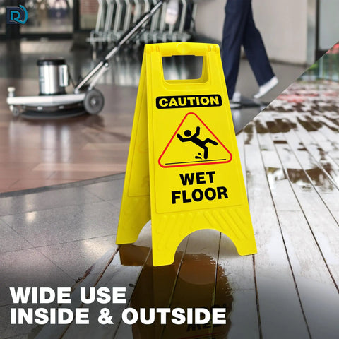 Bright Caution Wet Floor Sign 24 Inch Folding A Frame Double Sided 4 Pack Portable Safety Sign For Busy Walkways High Visibility Yellow Indoor Use Ideal For Commercial Kitchens Hospitals Warehouses And Schools. Yellow folding wet floor A-frame sign on a wet floor.
