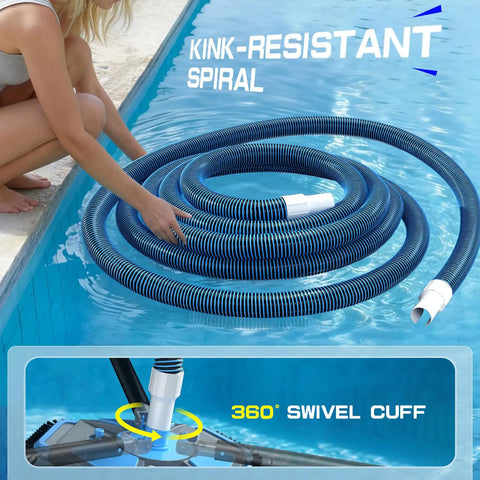 Pro Grade Heavy Duty Pool Vacuum Head And Hose Set With 360 Degree Swivel Cuff 1.5 Inch By 30 Foot Flexible Vacuum Hoses
