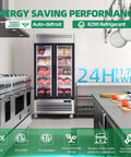 Heavy Duty Commercial Upright Display Freezer With Tempered Glass Door 33.5 Cubic Foot in a restaurant kitchen with meats displayed.
