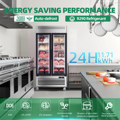 Heavy Duty Commercial Upright Display Freezer With Tempered Glass Door 33.5 Cubic Foot in a restaurant kitchen with meats displayed.