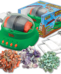 Starter Rock Tumbler Kit For Kids With Fast Polish Includes Rough Gemstones Polishing Grit Jewelry Findings And Kid Friendly Easy Instructions A STEM Science Kit For Young Geologists Ages 8 Plus. Image shows a green tumbler, gemstones, and packaging.