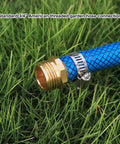 Heavy Duty Brass Garden Hose Quick Connectors Set Of 3 Fits Standard 3 4 Inch threaded brass hose fitting on blue hose with clamp