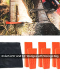 Front view: tree felling wedges set from Amazon, six orange wedges (3x8in, 3x5.5in) with storage bag