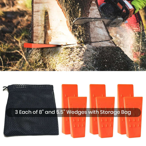 Front view: tree felling wedges set from Amazon, six orange wedges (3x8in, 3x5.5in) with storage bag