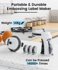 Sweet Vintage Embossing Label Maker With Rad 9Mm Tape Makes Knockout 3D Stickers For DIY Crafts And Organizer Nostalgic Retro Look Includes Starter Pack showcasing 148g portable label maker and tape on countertop.