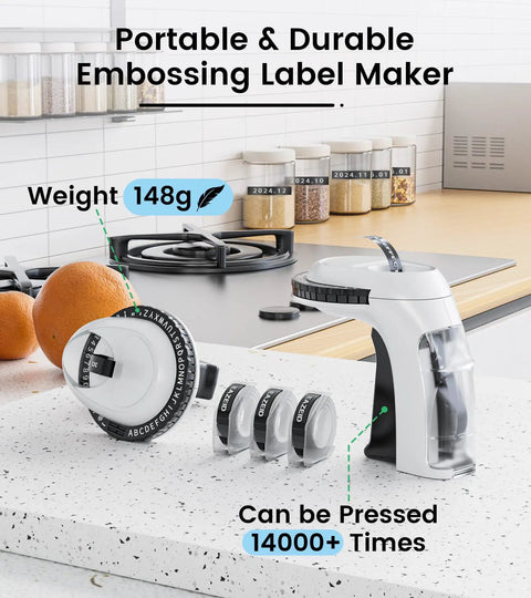Sweet Vintage Embossing Label Maker With Rad 9Mm Tape Makes Knockout 3D Stickers For DIY Crafts And Organizer Nostalgic Retro Look Includes Starter Pack showcasing 148g portable label maker and tape on countertop.