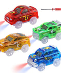 Glow In The Dark Track Cars 4 Pack Replacement Toys For Kids Aged 3 To 8 With 5 LED Lights, DIY Stickers, colorful cars set