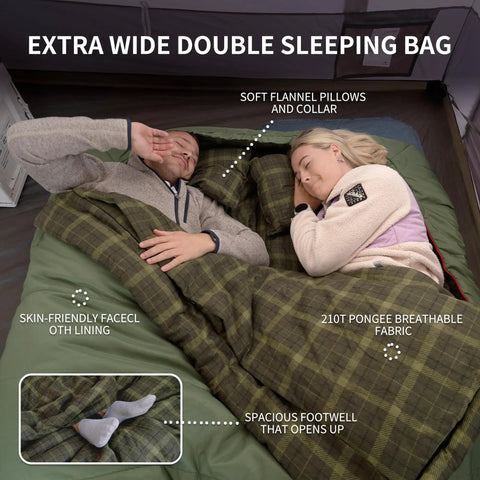 Double Wide Flannel Sleeping Bag For Two With Pillows, All Seasons Camping Gear, plaid design, interior view with couple inside tent.