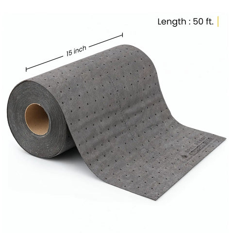 Get That Spill Ready Universal Absorbent Mat Roll 15 Inches By 50 Feet for oil and liquid spills, gray polypropylene material.