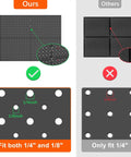 Comparison showing Four Piece Twelve By Sixteen Inch Metal Pegboard Panels built tough with both 1/8 in and 1/4 in holes, black.