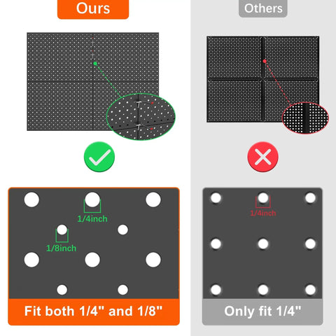 Comparison showing Four Piece Twelve By Sixteen Inch Metal Pegboard Panels built tough with both 1/8 in and 1/4 in holes, black.
