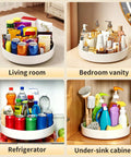 Large Capacity Lazy Susan Organizer For Pantry Cabinet And Kitchen Storage Featuring Super Slick 360 Spinner Turntable Spice Rack With Non Slip Base And Raised Lip Saves Serious Space While Making Daily Meal Prep A Total Piece Of Cake in living room, bedroom vanity, refrigerator, and under-sink cabinet.