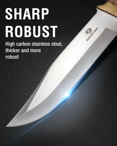 Close-up of a 14 Inch Bowie Knife With Wood Handle For Hunting And Outdoor Use Razor Sharp Clip Point Blade In 3CR13 Steel.