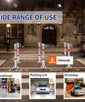 Beefy Foldable Steel Parking Bollard Post With Secure Lock And Bold Warning Stripes For No Sweat Driveway Garage And Street Traffic Control Effortless Setup Barrier In Matte Gray installed on sidewalk for traffic control.