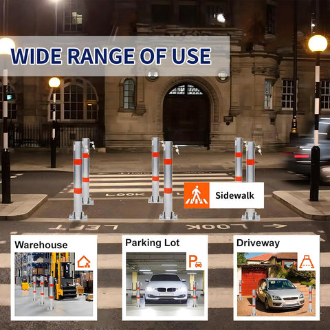 Beefy Foldable Steel Parking Bollard Post With Secure Lock And Bold Warning Stripes For No Sweat Driveway Garage And Street Traffic Control Effortless Setup Barrier In Matte Gray installed on sidewalk for traffic control.