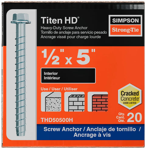 Box of Beefy One Half Inch By Five Inch Titen HD Screw Anchor for Concrete and Masonry with hex washer head