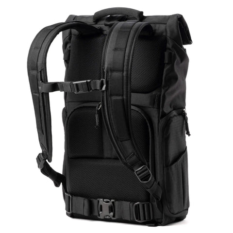 Rear view of Roll Top 30L Camera Backpack With Laptop Sleeve And Rain Cover Asphalt Black showing straps and back panel.