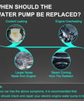 When to replace electric engine water pump: coolant leaks, engine overheating, noise, steam from radiator.
