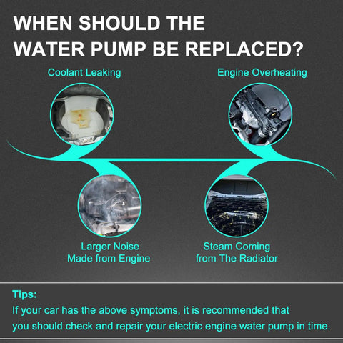 When to replace electric engine water pump: coolant leaks, engine overheating, noise, steam from radiator.
