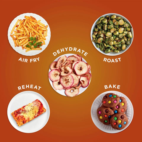 Game Changer 5 Quart Air Fryer With 5In1 Cook Functions For Insanely Crispy Results At 1750 Watts showcasing air-fried fries, roasted Brussels sprouts, baked cookies, and dehydrated apples.
