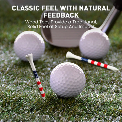 Wood Golf Tees Set In 2 3/4 Inch And 3 1/4 Inch Sizes, Durable Bamboo Tees With Bright Stripes, USA Flag Edition on grass with golf balls