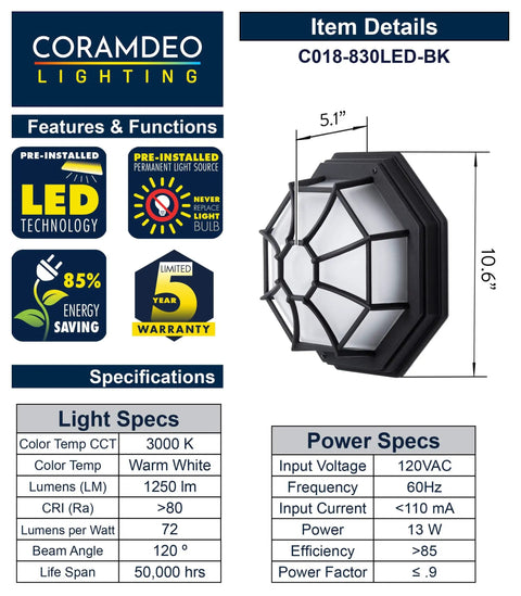 Outdoor Ready 11.5 Inch LED Nautical Flush Mount Light for Walls and Ceilings, Wet Location Rated, Built In LED Delivers 1250 Lumens at 3000K Warm Light, Black Cast Aluminum With Frosted Glass Lens