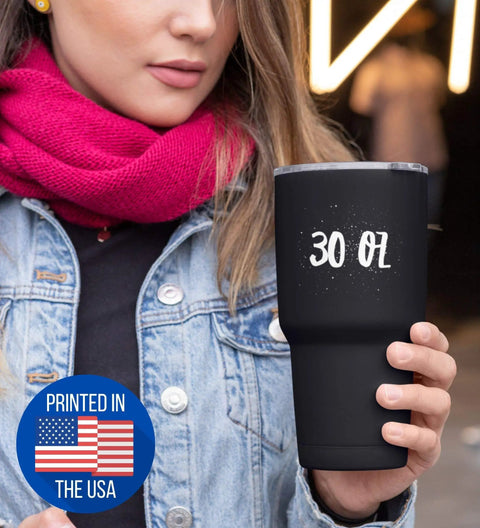 Woman holding 30 Oz Insulated Tumbler With Lid Black Stainless Steel Vacuum Cup Keeps Coffee Hot Or Tea Cold All Day