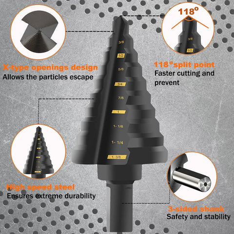 Step Drill Bit Set 5 Pc High Speed Steel Black Oxide HSS Pro Grade For Fast Hole Cutting In Metal And Stainless Steel, labeled sizes