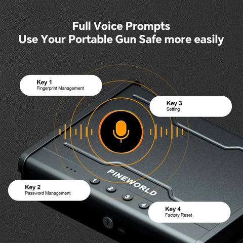 Biometric Pistol Safe With Quick Access Fingerprint, Voice Guided Navigation showing voice prompt options interface