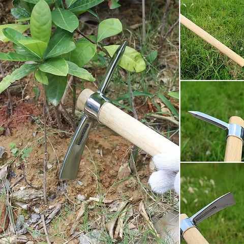 Heavy Duty Stainless Steel Double Headed Pickaxe With Wooden Handle For Garden And Landscaping in use for soil digging