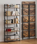 Sleek Five Tier Folding Bookshelf, Legit Heavy Duty Metal Frame And Vintage Wood Shelves, compact design with books and decor.